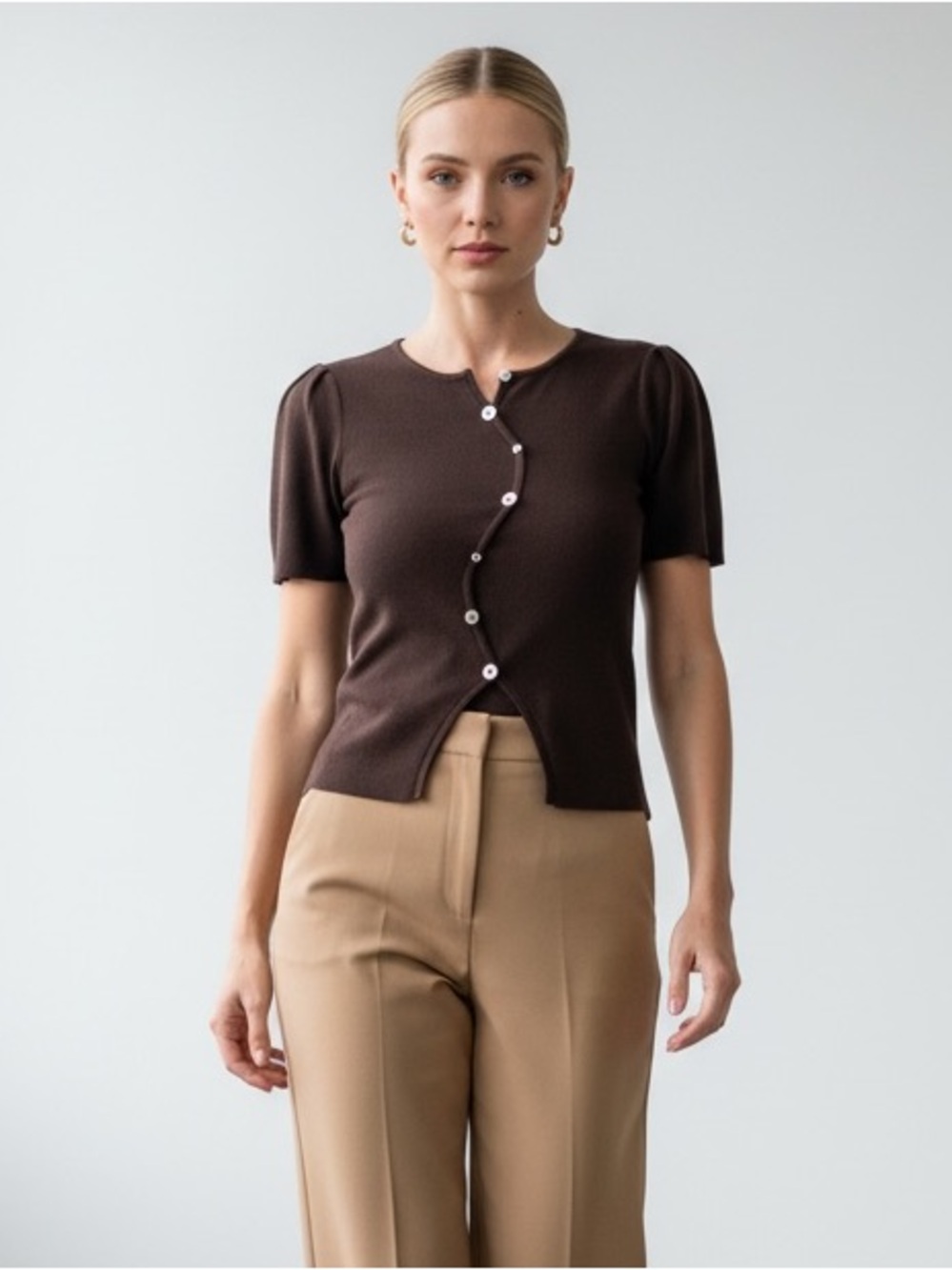 Brown Short-Sleeve Button Front Knit Top